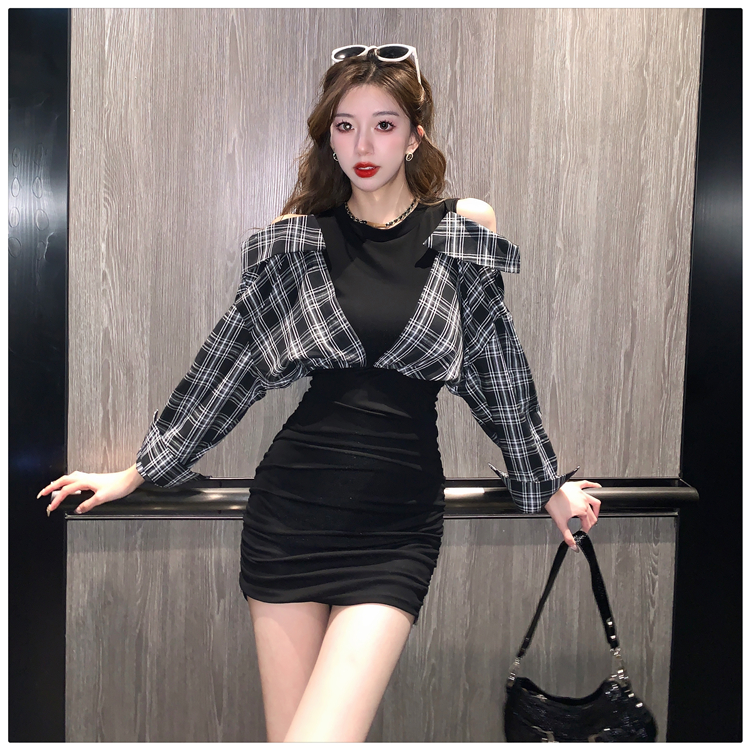 Pseudo-two spicegirl plaid package hip dress for women