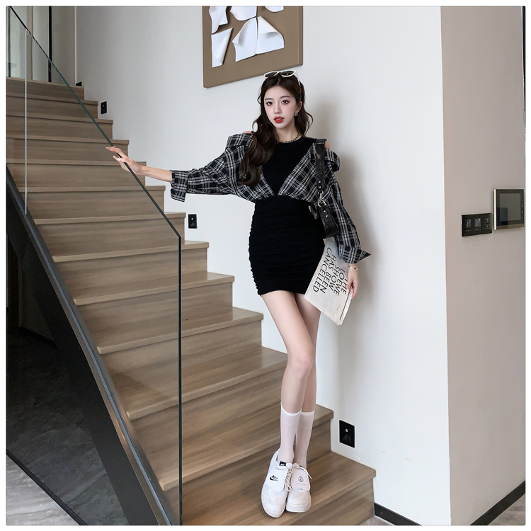 Pseudo-two spicegirl plaid package hip dress for women