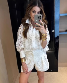 Spring lace with belt shirt Casual vacation shorts a set