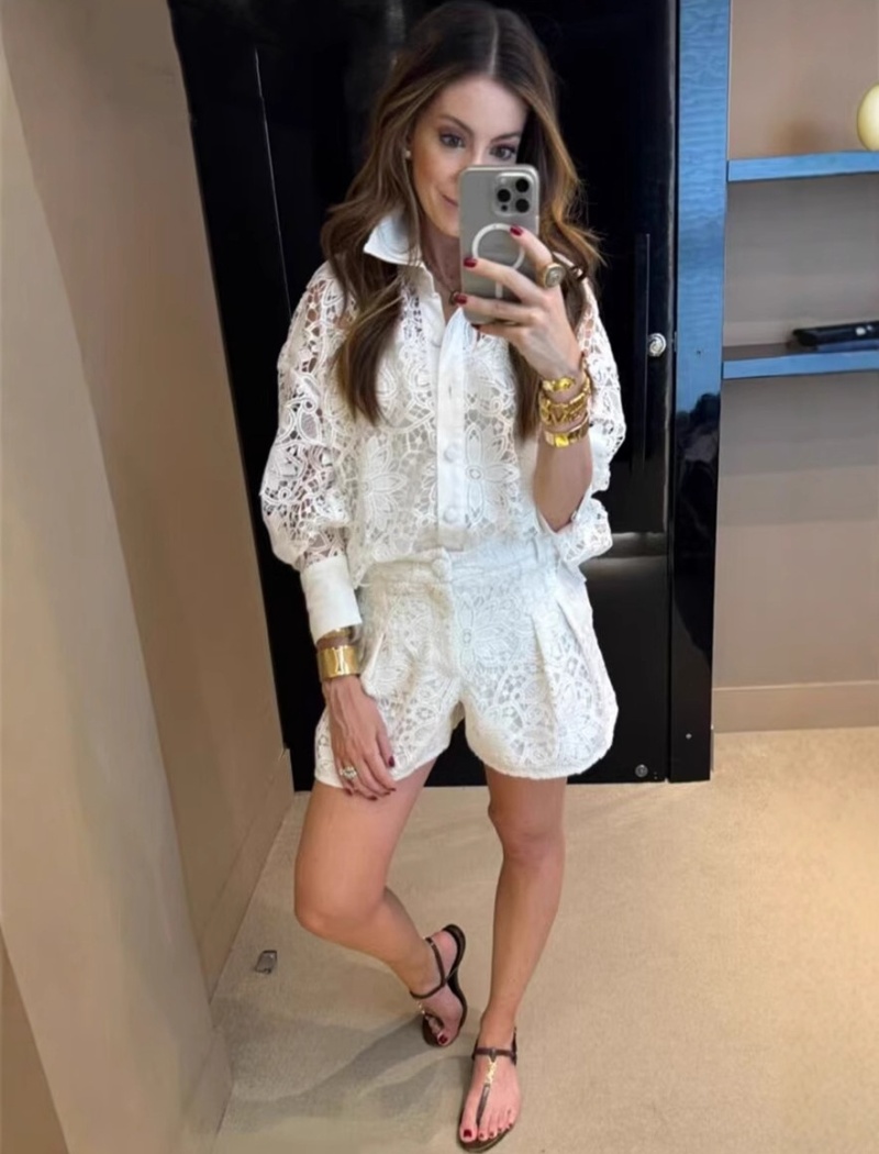 Spring lace with belt shirt Casual vacation shorts a set