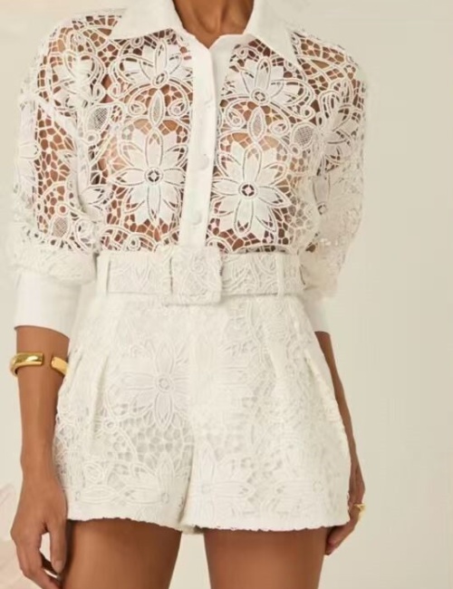 Spring lace with belt shirt Casual vacation shorts a set