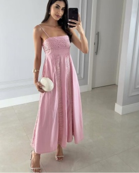 Sling vacation fresh beach dress pink splice long dress