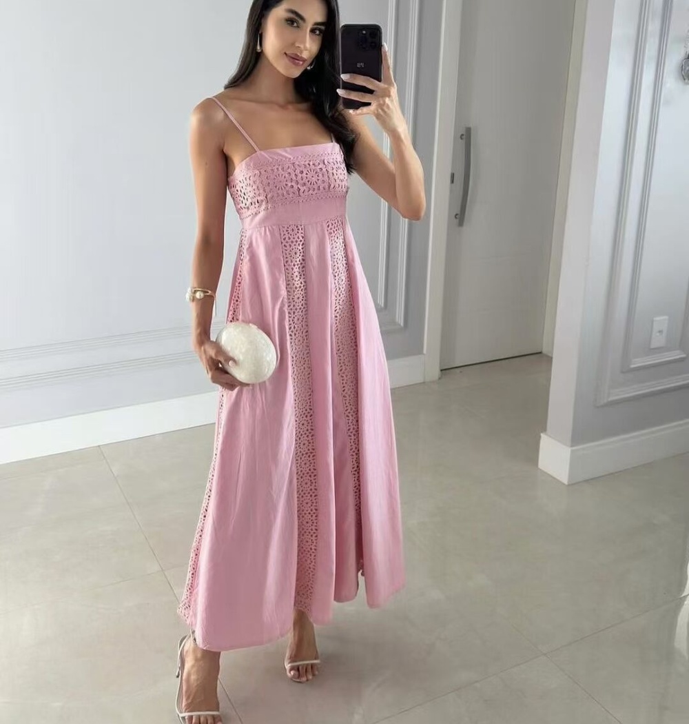 Sling vacation fresh beach dress pink splice long dress