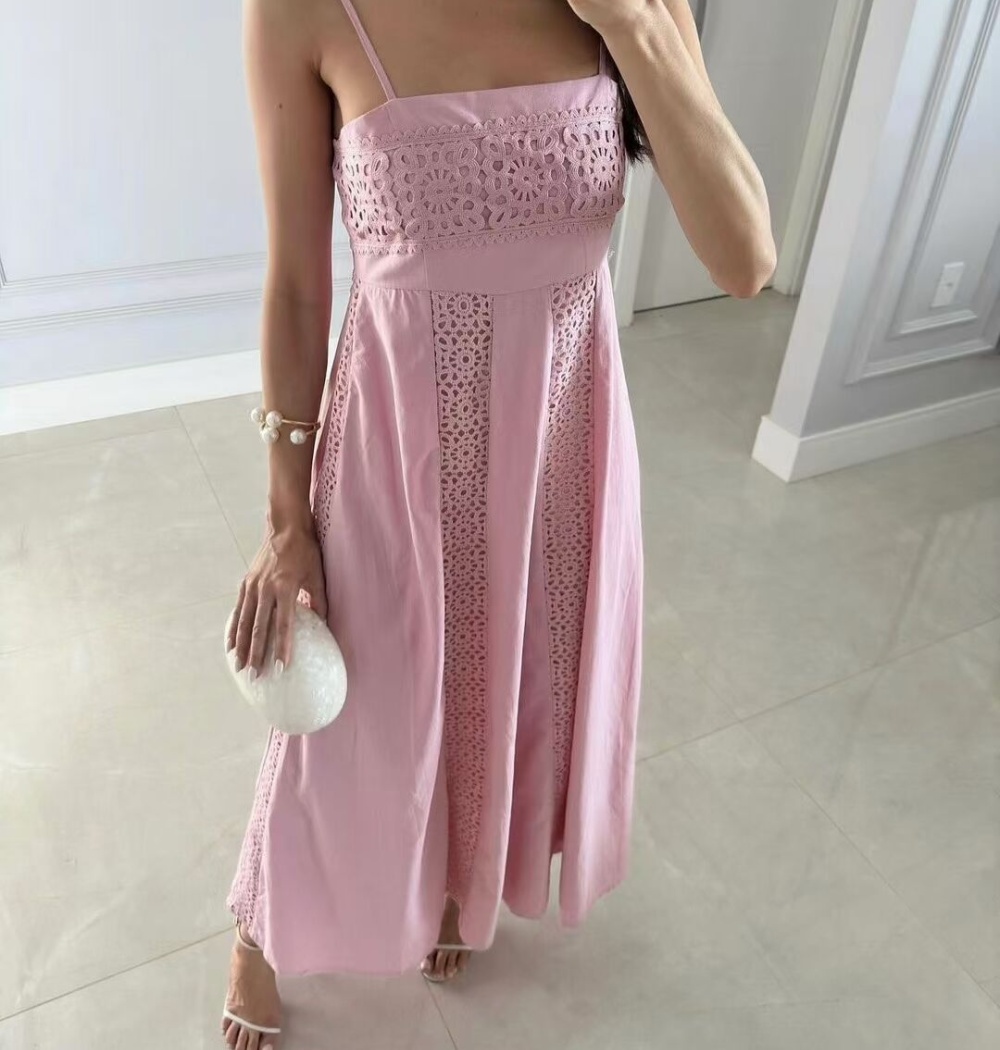 Sling vacation fresh beach dress pink splice long dress