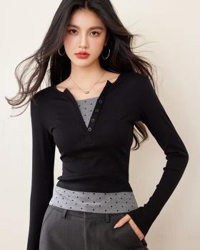 Long sleeve V-neck slim American style splice bottoming shirt