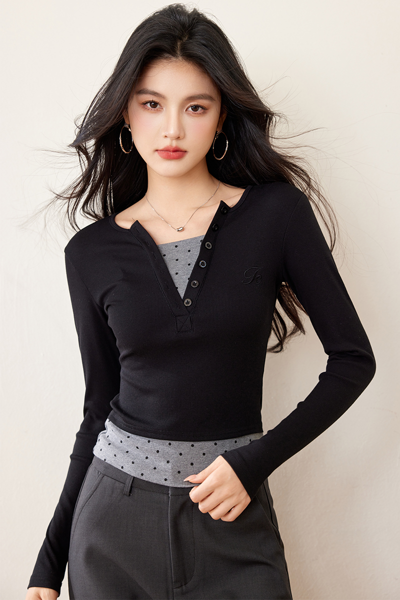 Long sleeve V-neck slim American style splice bottoming shirt