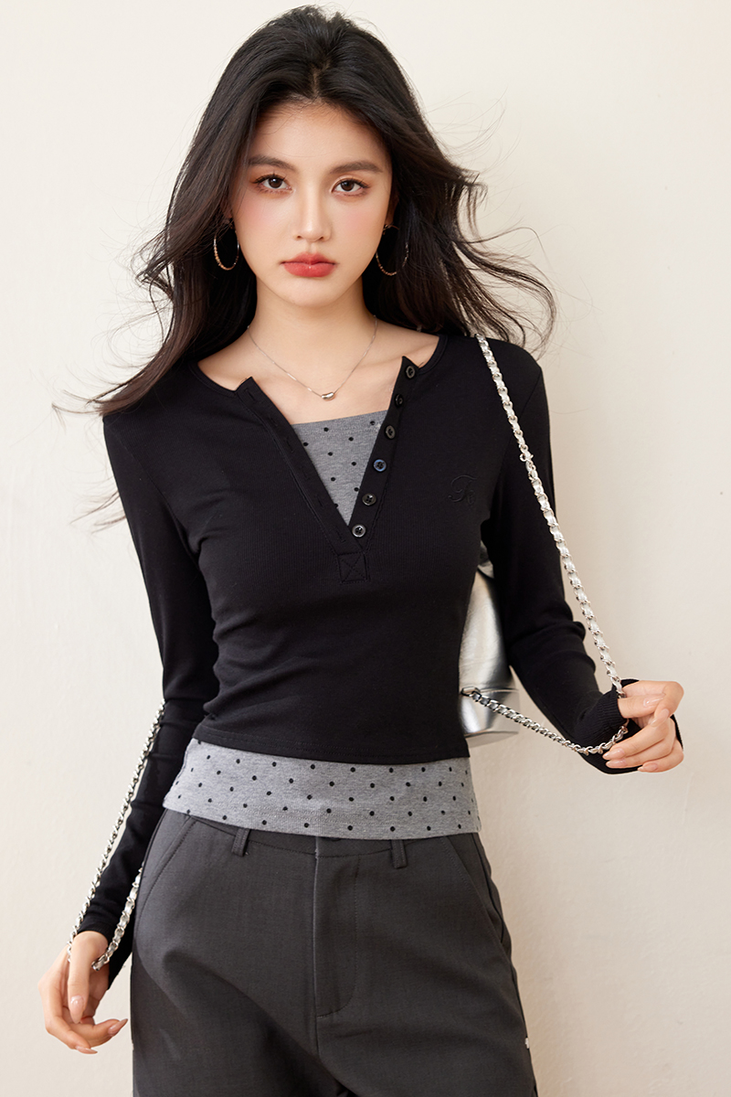 Long sleeve V-neck slim American style splice bottoming shirt