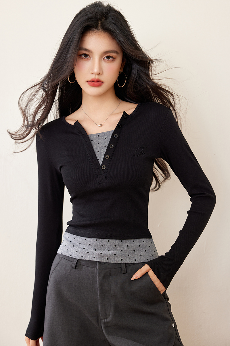 Long sleeve V-neck slim American style splice bottoming shirt