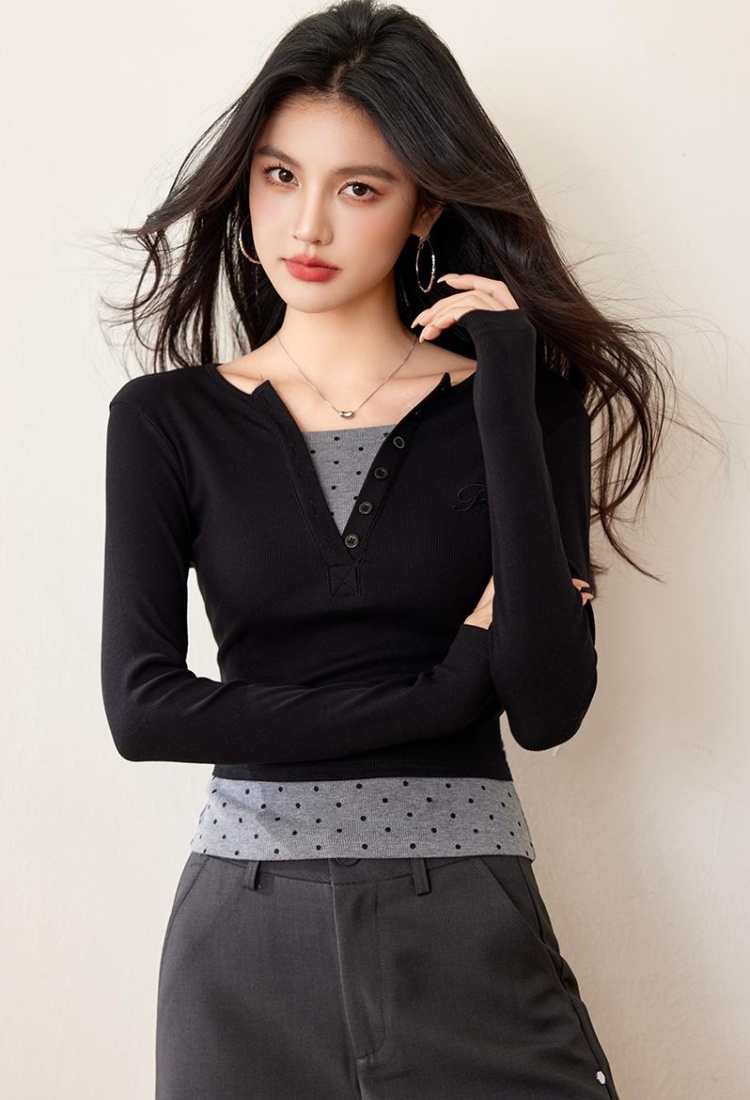 Long sleeve V-neck slim American style splice bottoming shirt