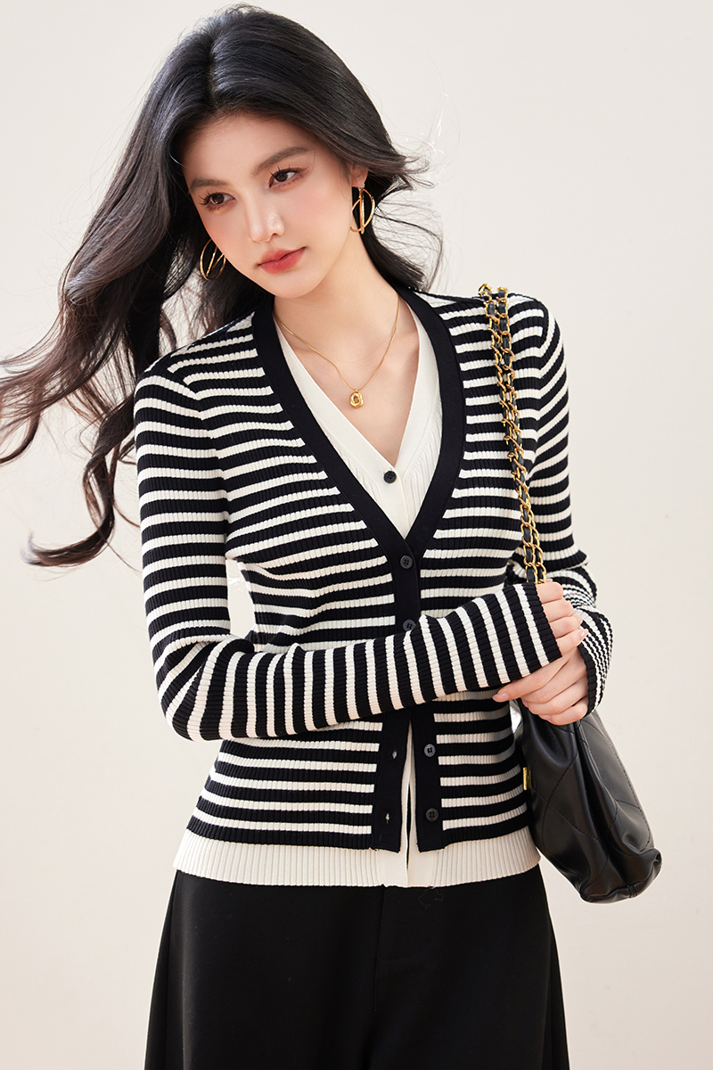 Pseudo-two knitted stripe sweater V-neck slim cardigan for women