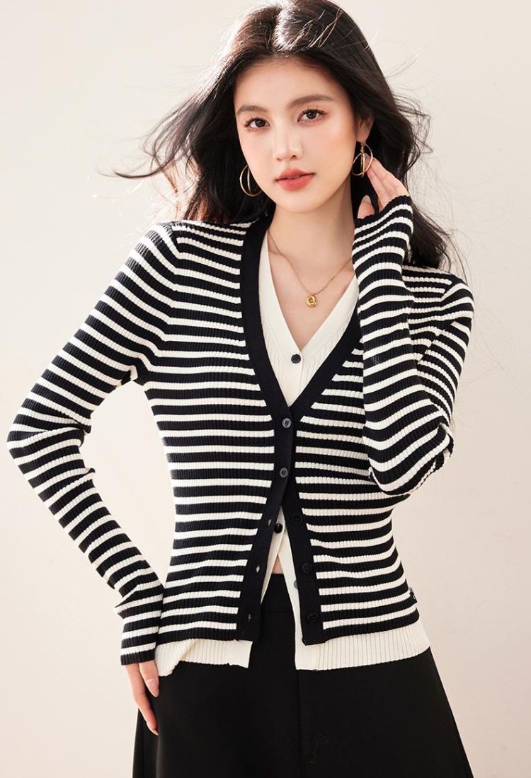 Pseudo-two knitted stripe sweater V-neck slim cardigan for women