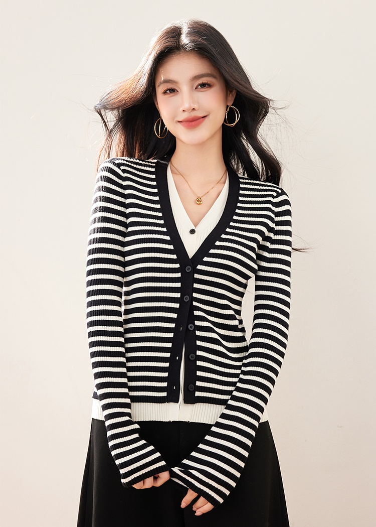 Pseudo-two knitted stripe sweater V-neck slim cardigan for women