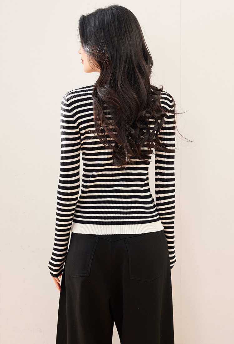 Pseudo-two knitted stripe sweater V-neck slim cardigan for women