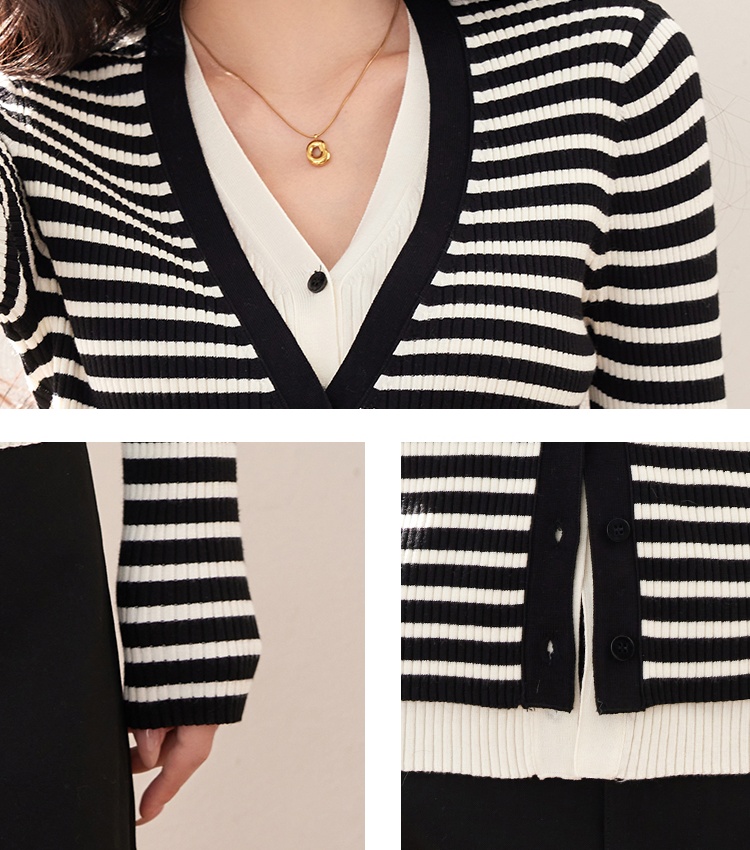 Pseudo-two knitted stripe sweater V-neck slim cardigan for women