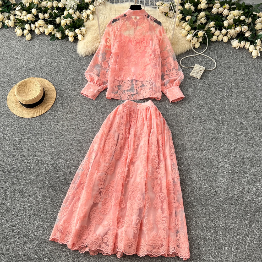 Gauze high waist shirt spring skirt 2pcs set for women