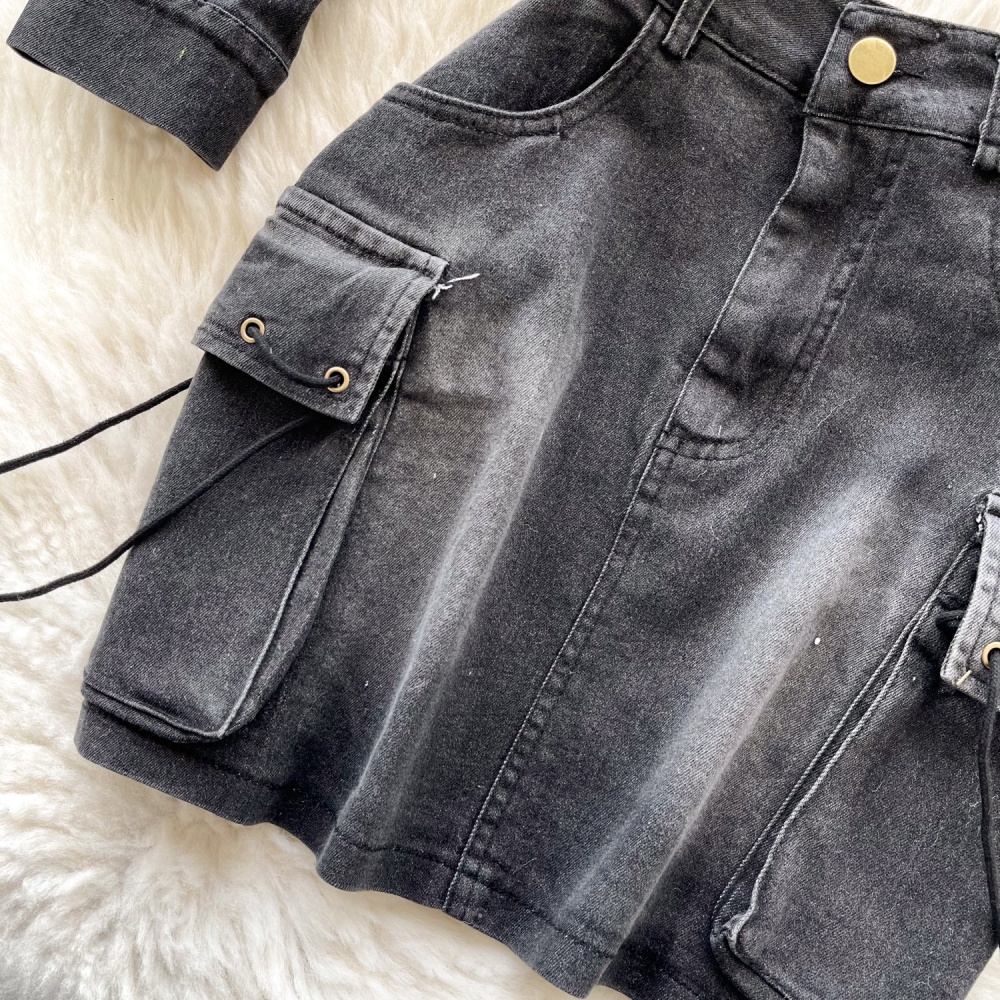 Short zip denim tops spring fashion skirt a set for women