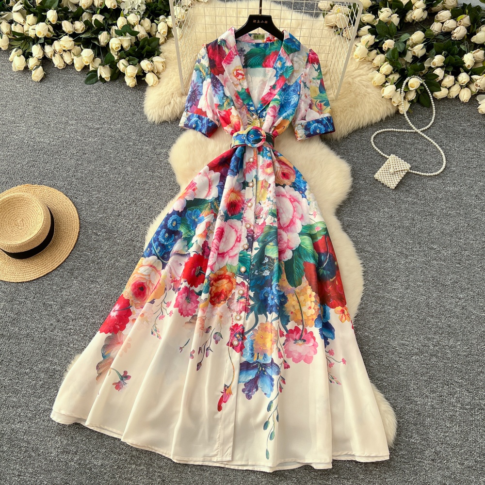 Short sleeve slim long dress court style belt