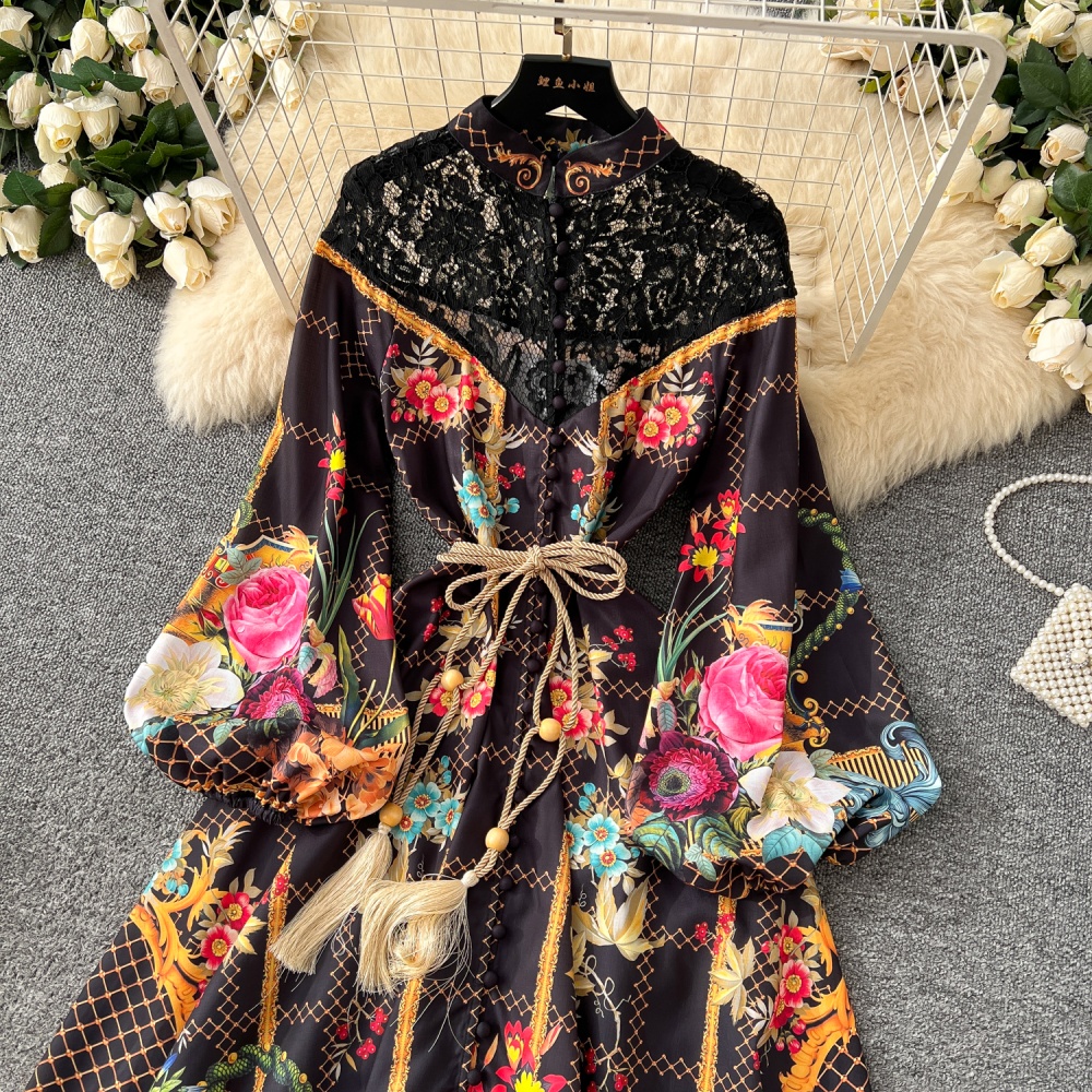 Gauze court style dress printing long dress for women