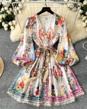 Printing puff sleeve temperament France style dress