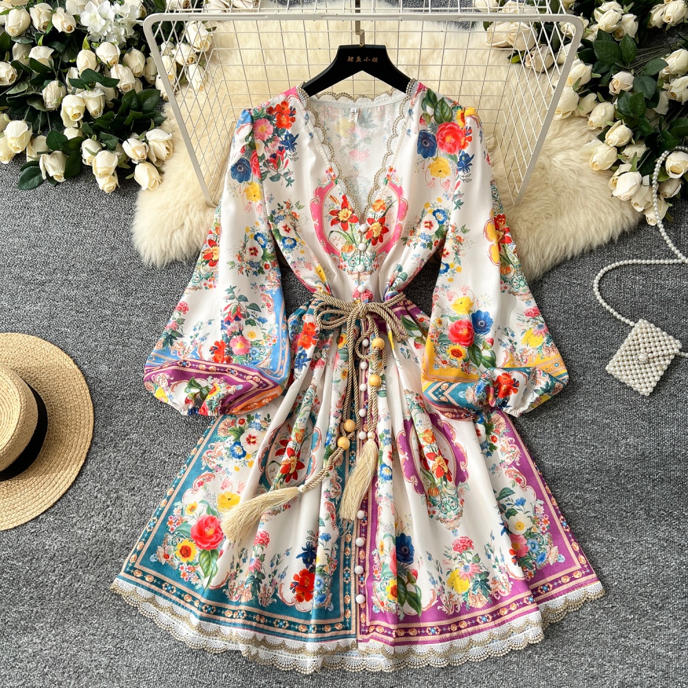 Printing puff sleeve temperament France style dress