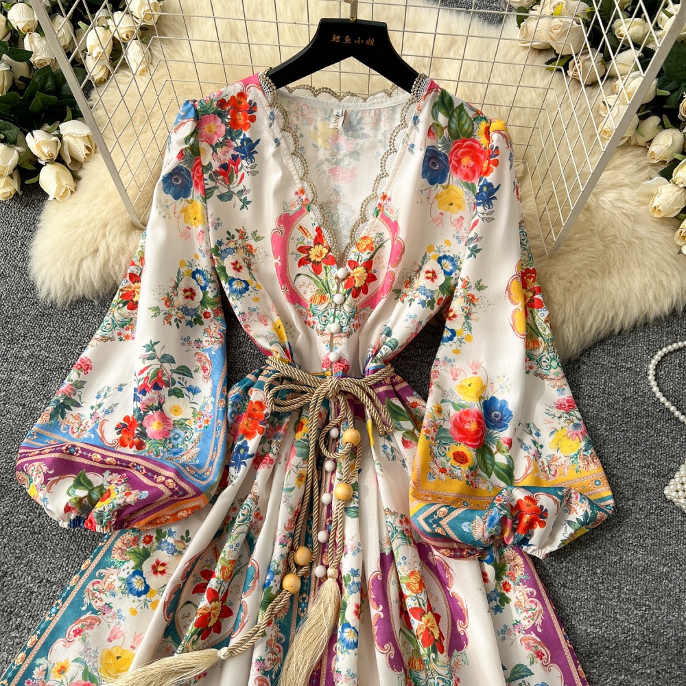 Printing puff sleeve temperament France style dress