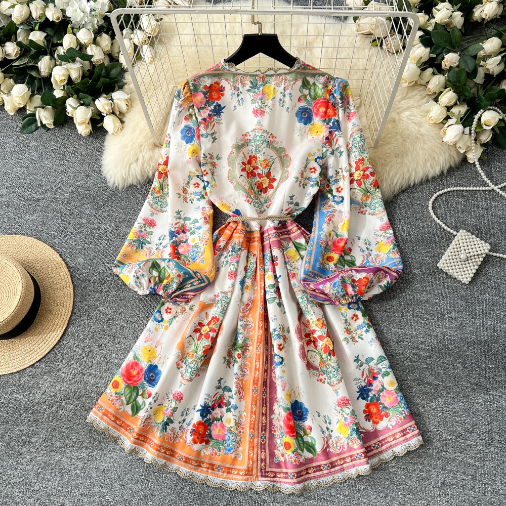 Printing puff sleeve temperament France style dress