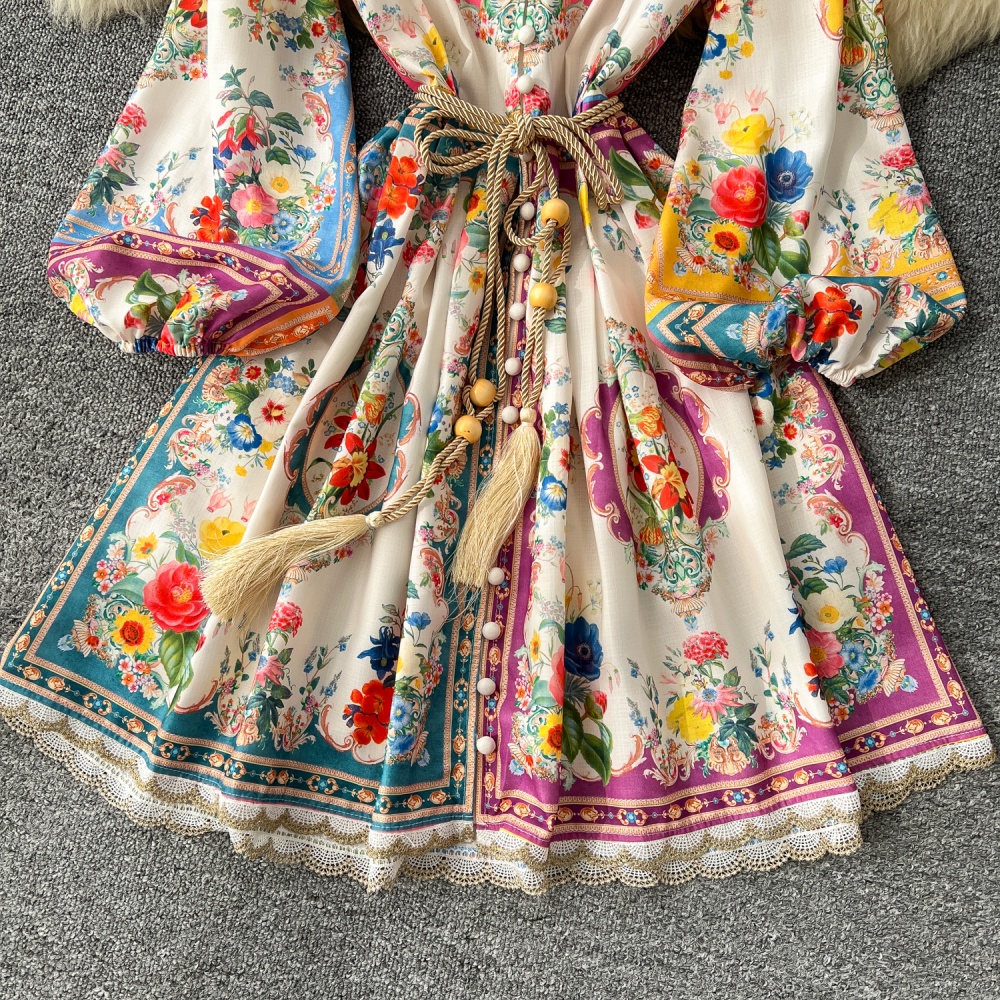 Printing puff sleeve temperament France style dress