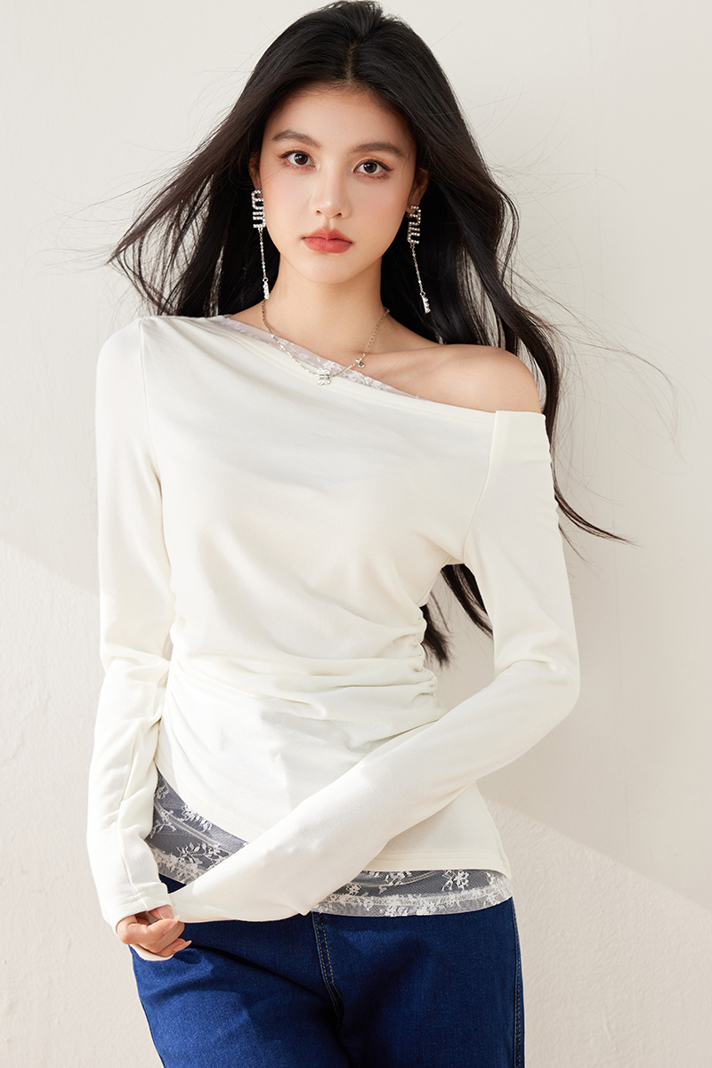 White flat shoulder tops Pseudo-two bottoming shirt for women