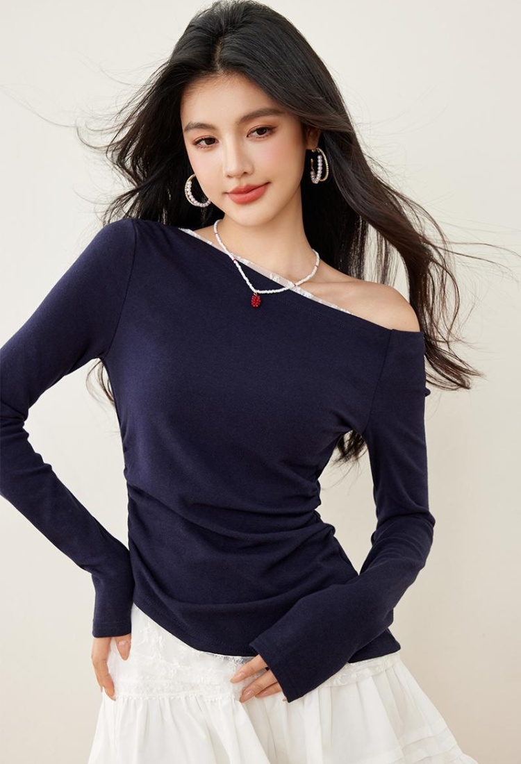 White flat shoulder tops Pseudo-two bottoming shirt for women