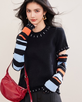 Splice black mixed colors sweater stripe niche tops for women