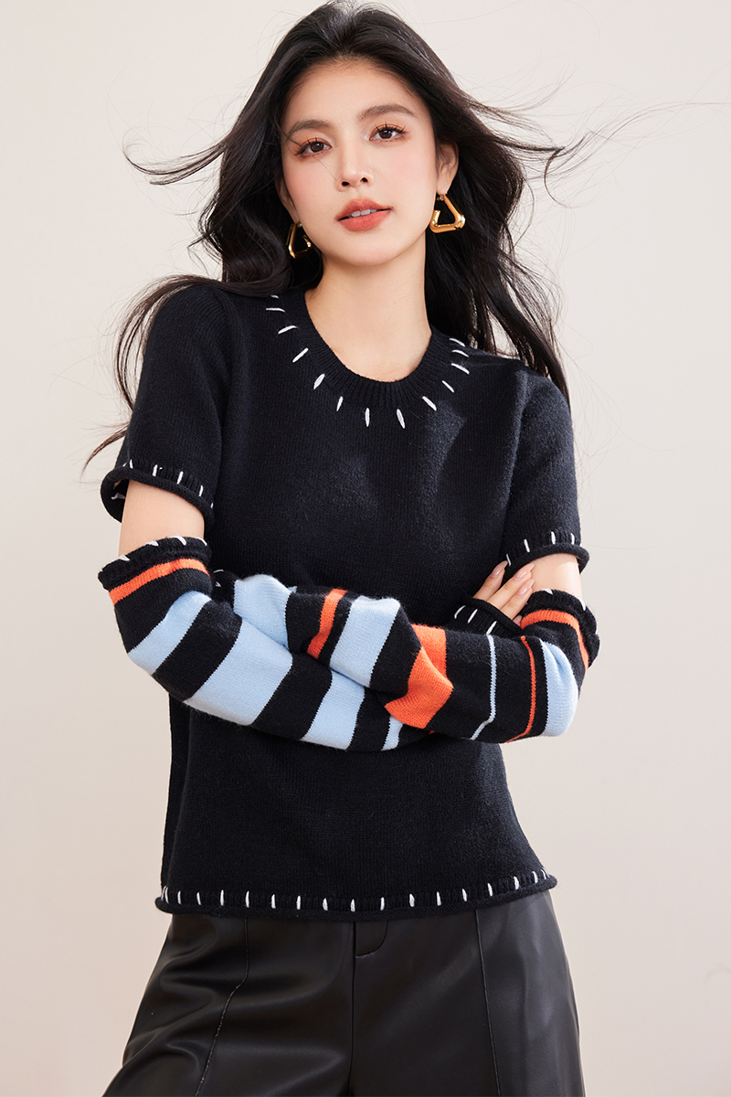 Splice black mixed colors sweater stripe niche tops for women