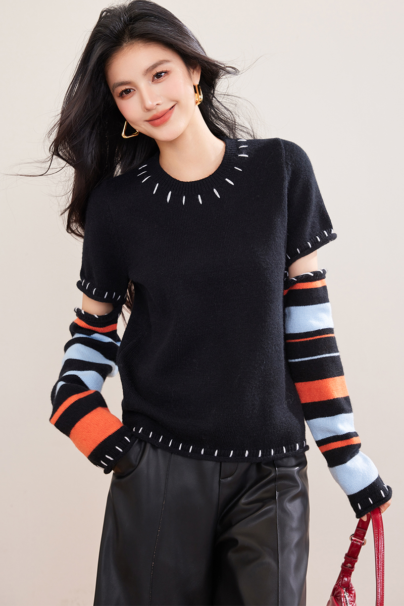 Splice black mixed colors sweater stripe niche tops for women