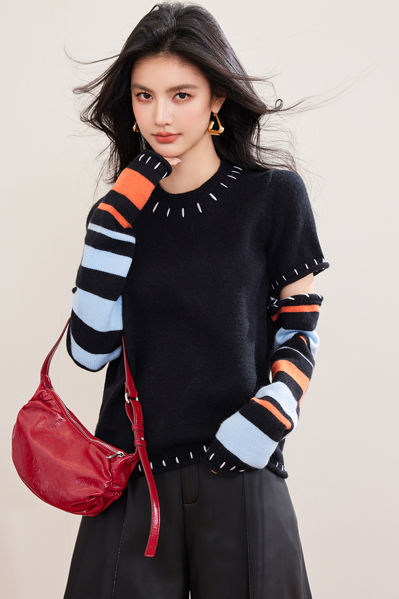 Splice black mixed colors sweater stripe niche tops for women