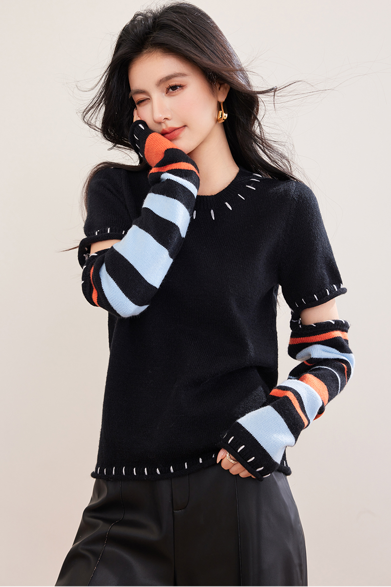 Splice black mixed colors sweater stripe niche tops for women