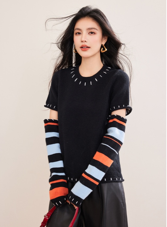 Splice black mixed colors sweater stripe niche tops for women