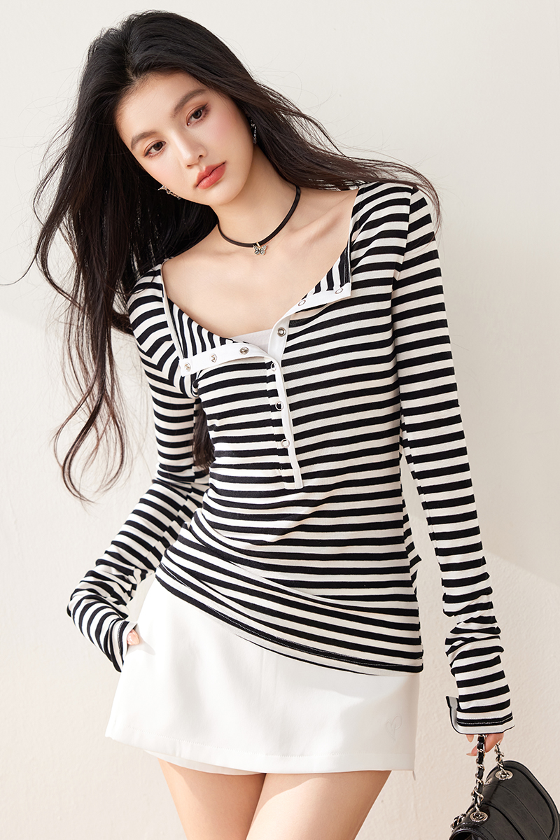 Stripe bottoming shirt long sleeve tops for women