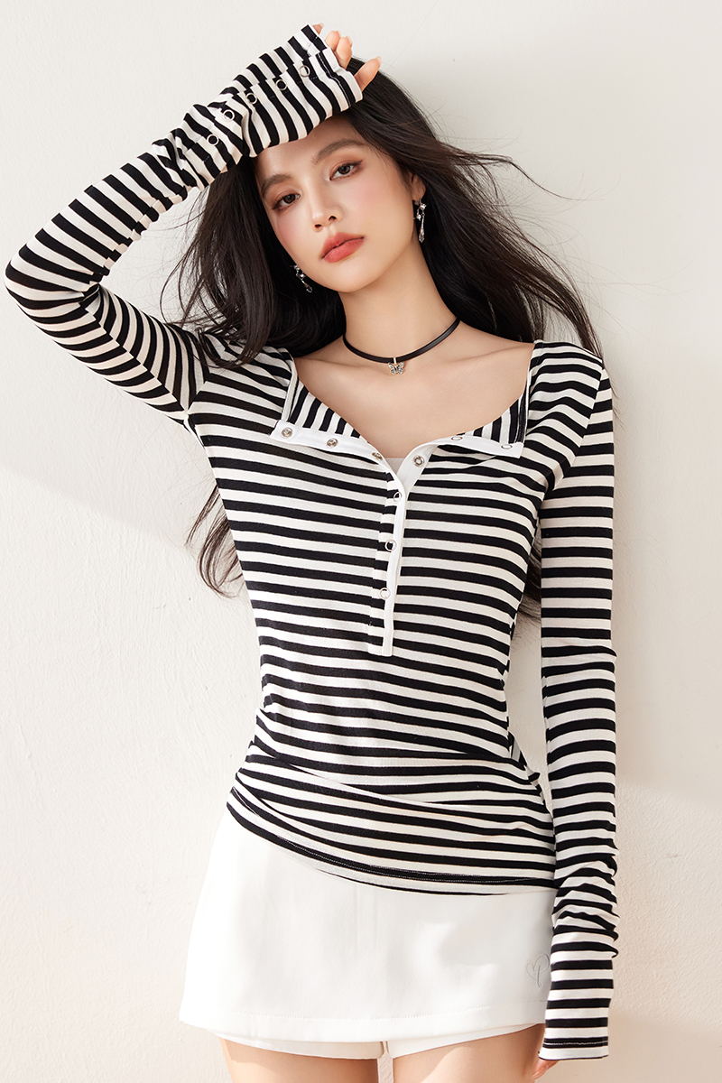 Stripe bottoming shirt long sleeve tops for women