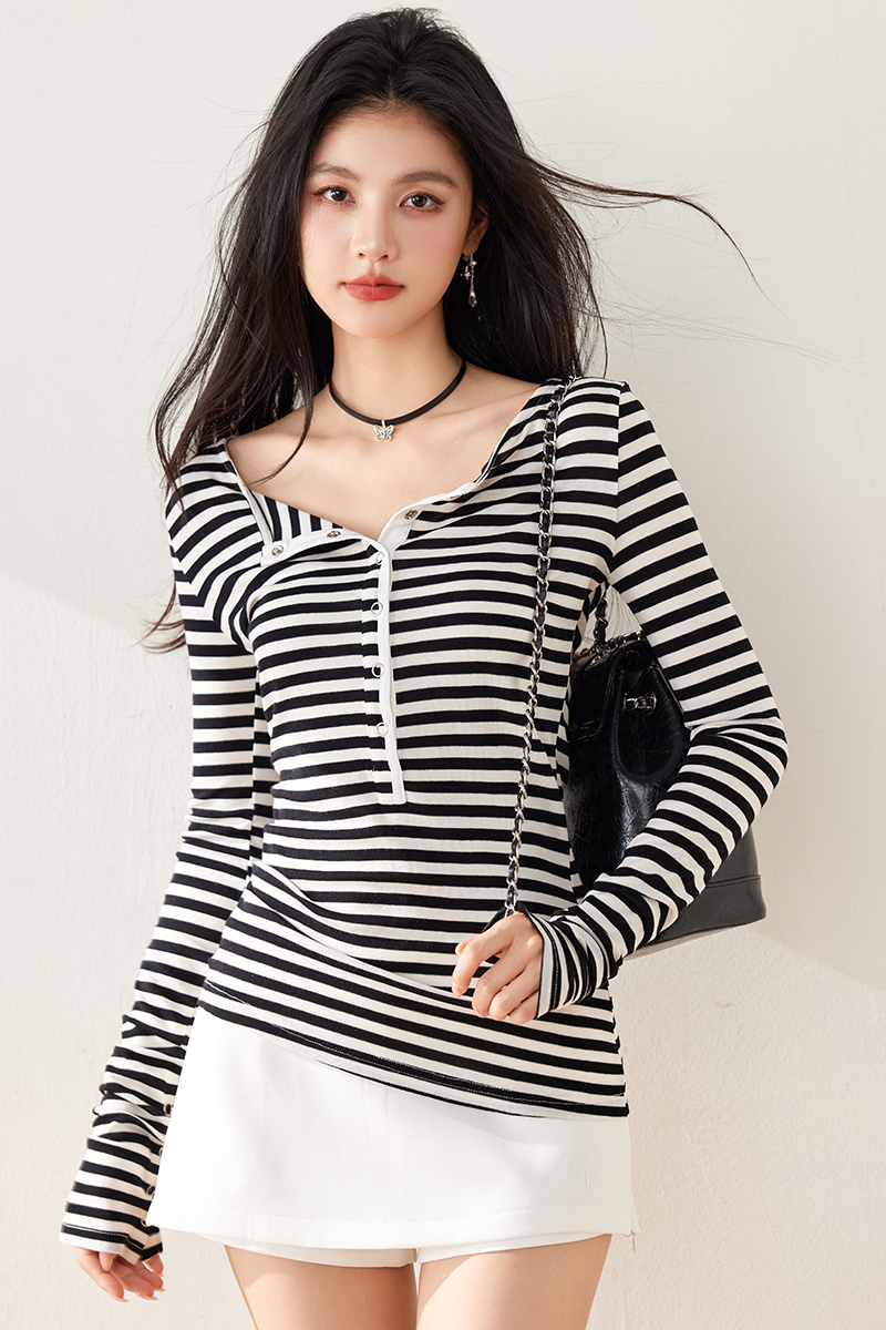 Stripe bottoming shirt long sleeve tops for women