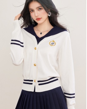 Navy collar tops college style sweater for women