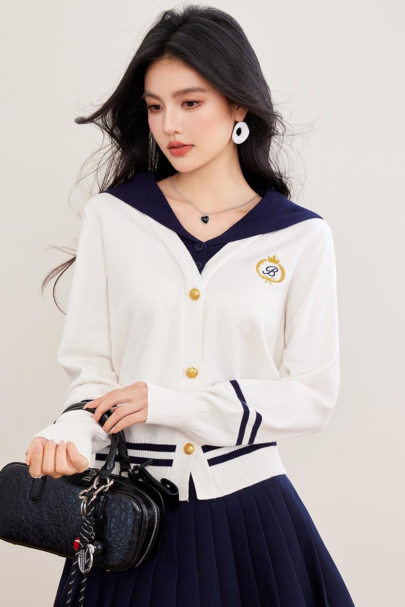 Navy collar tops college style sweater for women