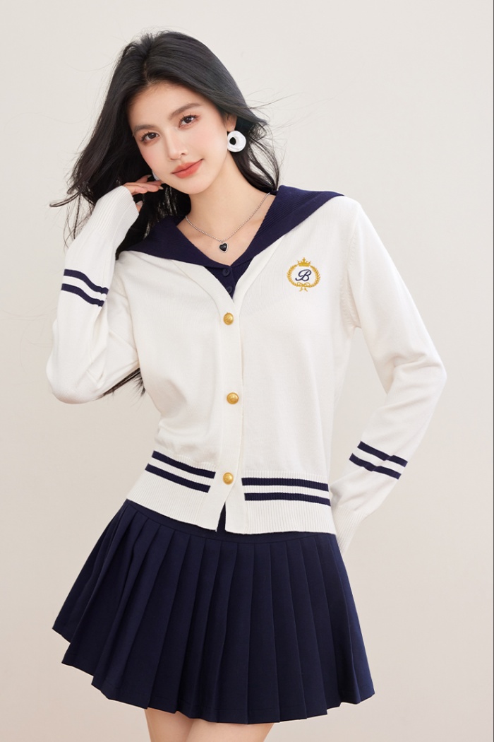 Navy collar tops college style sweater for women