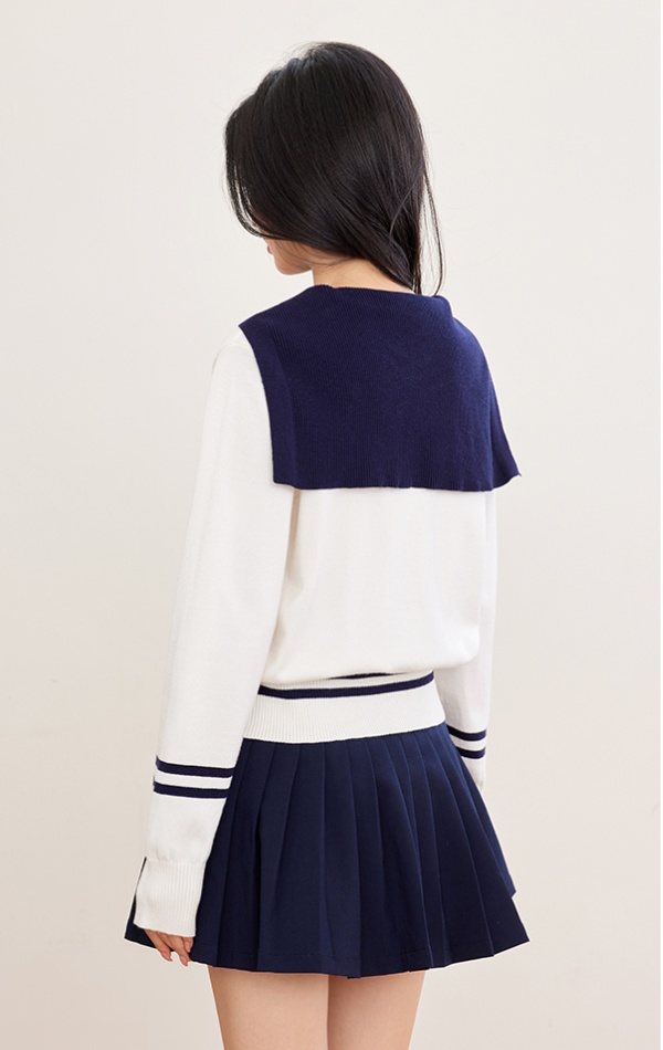 Navy collar tops college style sweater for women