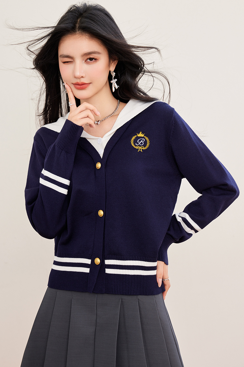 Navy collar tops college style sweater for women