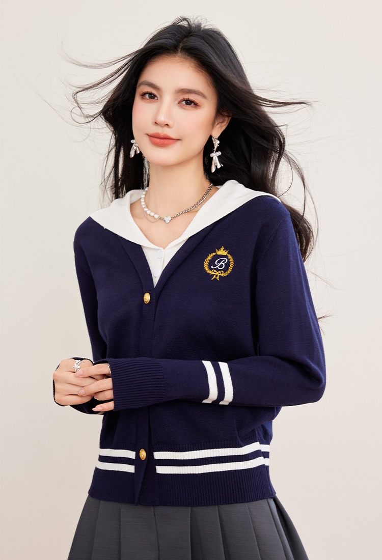 Navy collar tops college style sweater for women