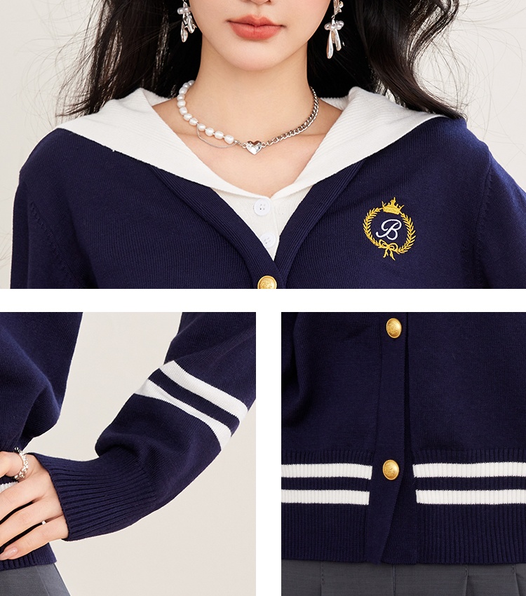 Navy collar tops college style sweater for women