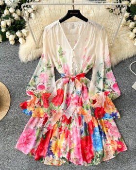 Printing trumpet sleeves A-line dress for women