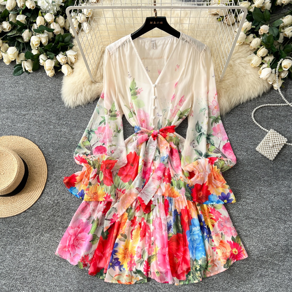 Printing trumpet sleeves A-line dress for women