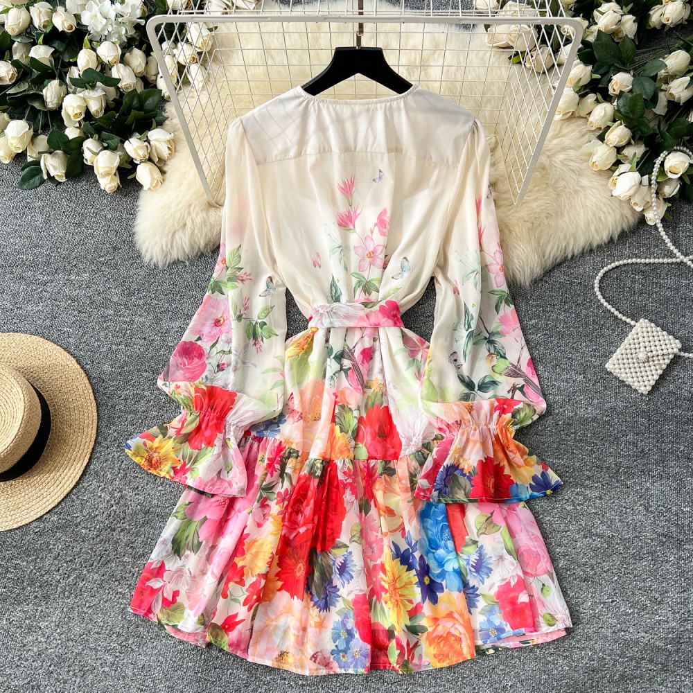 Printing trumpet sleeves A-line dress for women