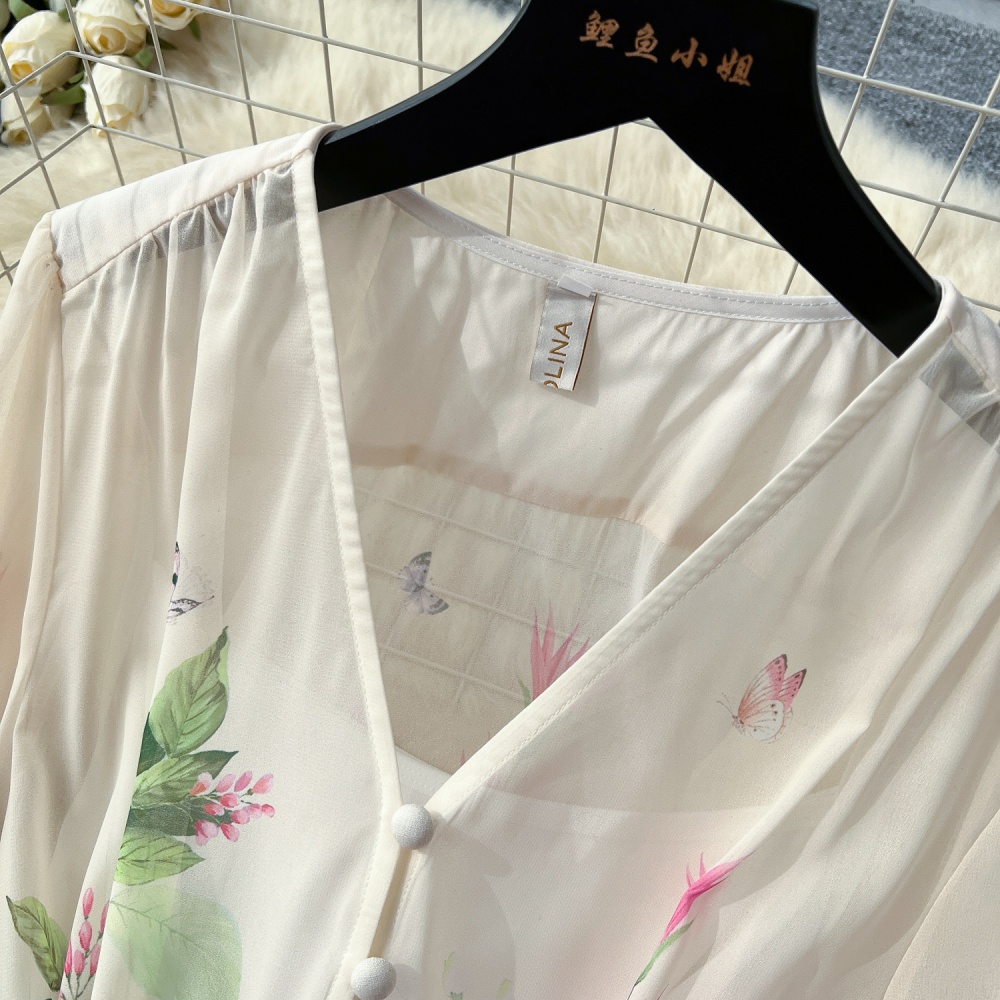 Printing trumpet sleeves A-line dress for women