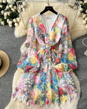 France style long dress puff sleeve dress for women